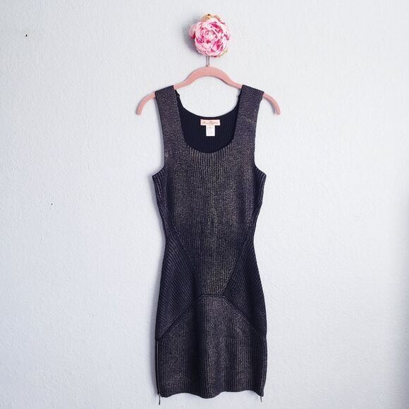 Mara Huffman Black‎ Metallic Knit Ribbed Bodycon Dress with Zipper Details - Picture 2 of 10